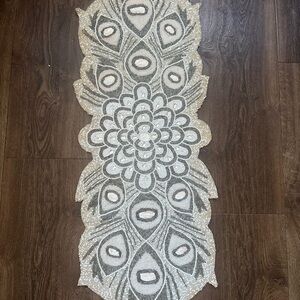 Handmade Silver Peacock Feather Design Beaded Table Runner